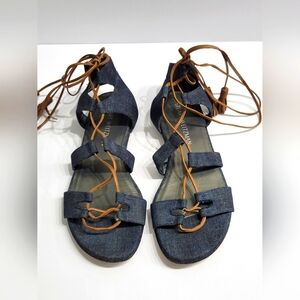 Stuart Weitzman Pre-owned Women's Roman Denim Flat Sandals Size 8M
